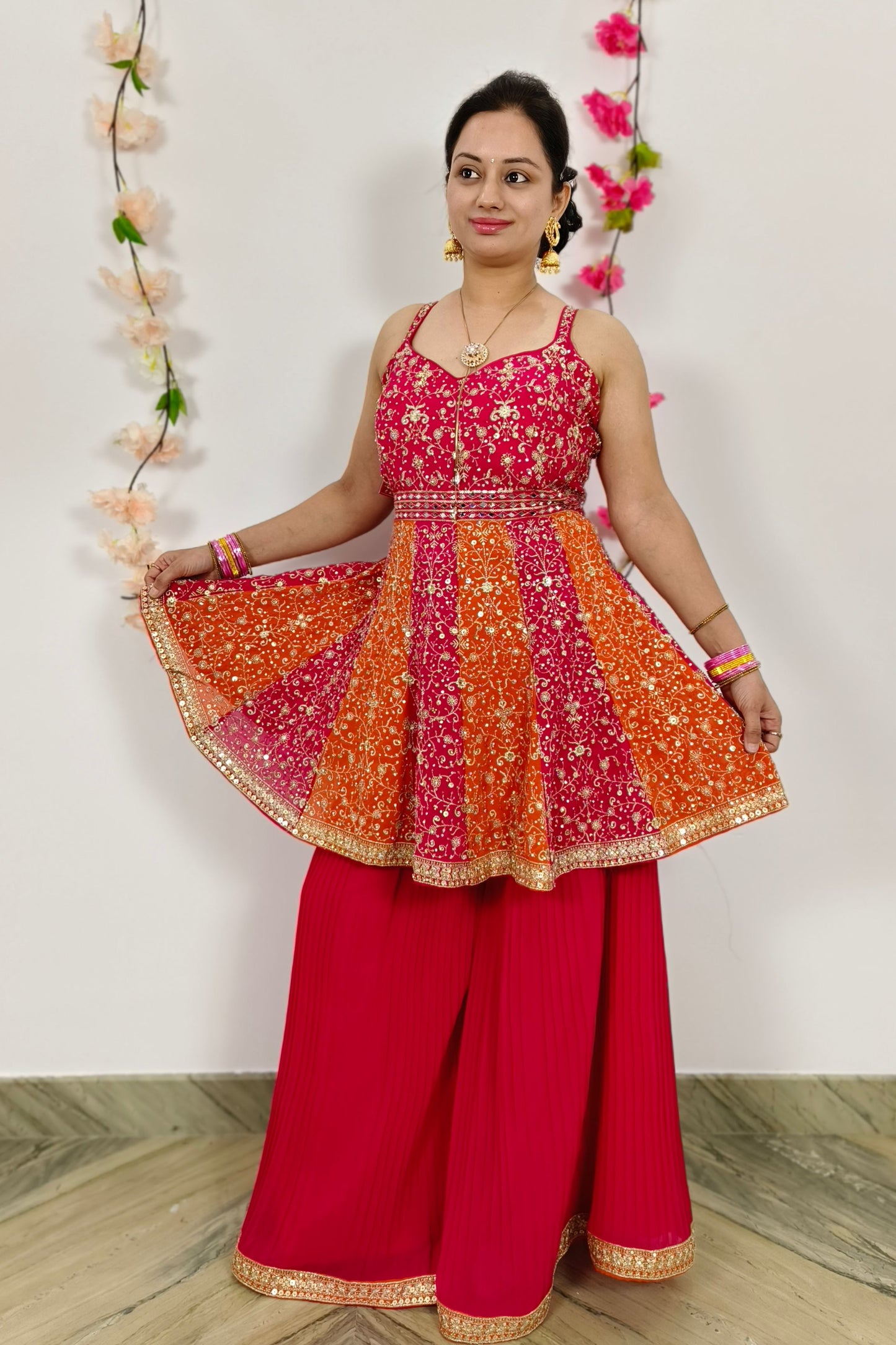 Spaghetti Style Short Anarkali Sharara Suit With Tie Die Duppatta In Orange