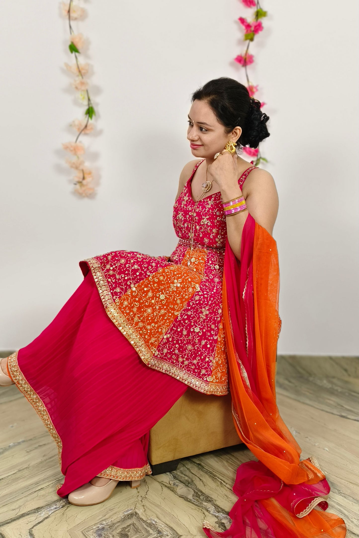 Spaghetti Style Short Anarkali Sharara Suit With Tie Die Duppatta In Orange