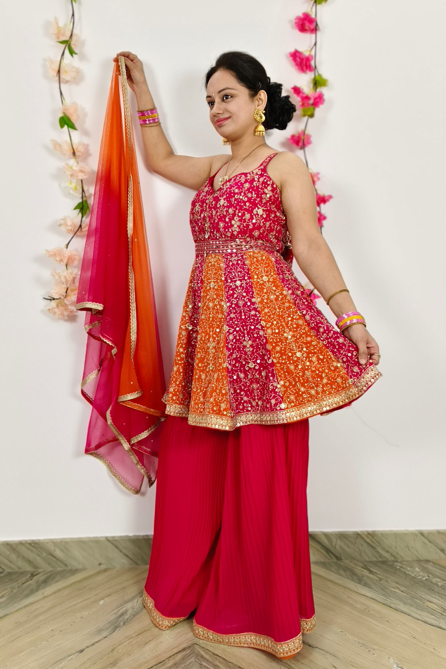 Spaghetti Style Short Anarkali Sharara Suit With Tie Die Duppatta In Orange