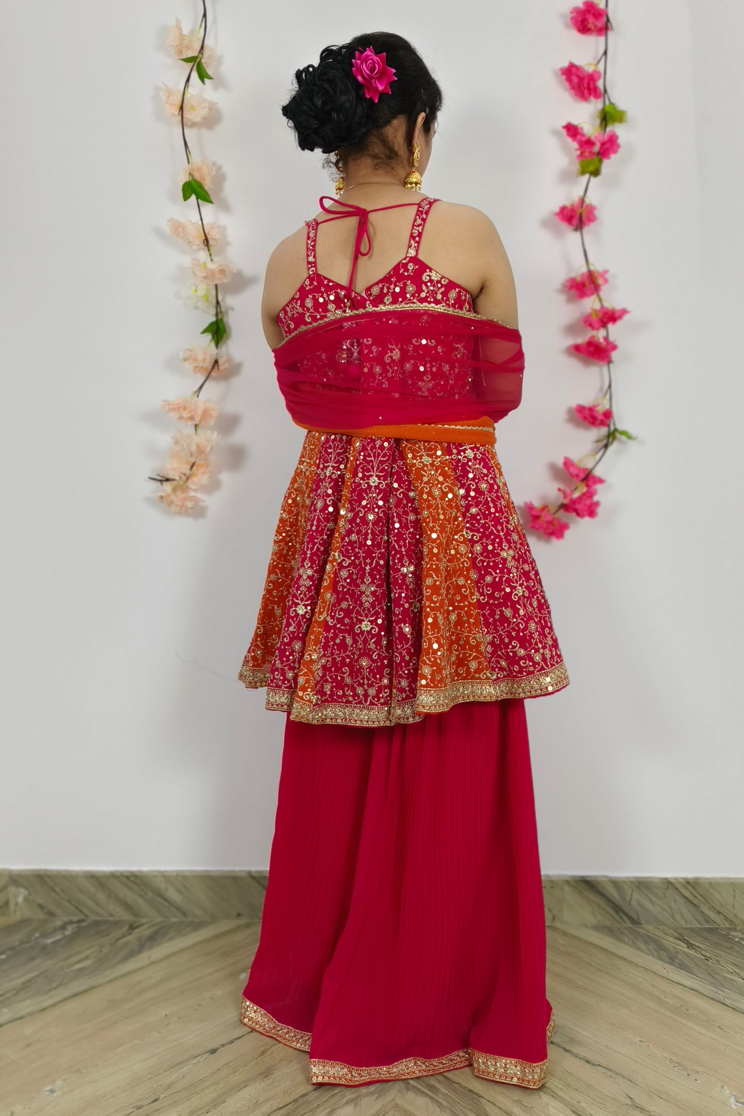 Spaghetti Style Short Anarkali Sharara Suit With Tie Die Duppatta In Orange