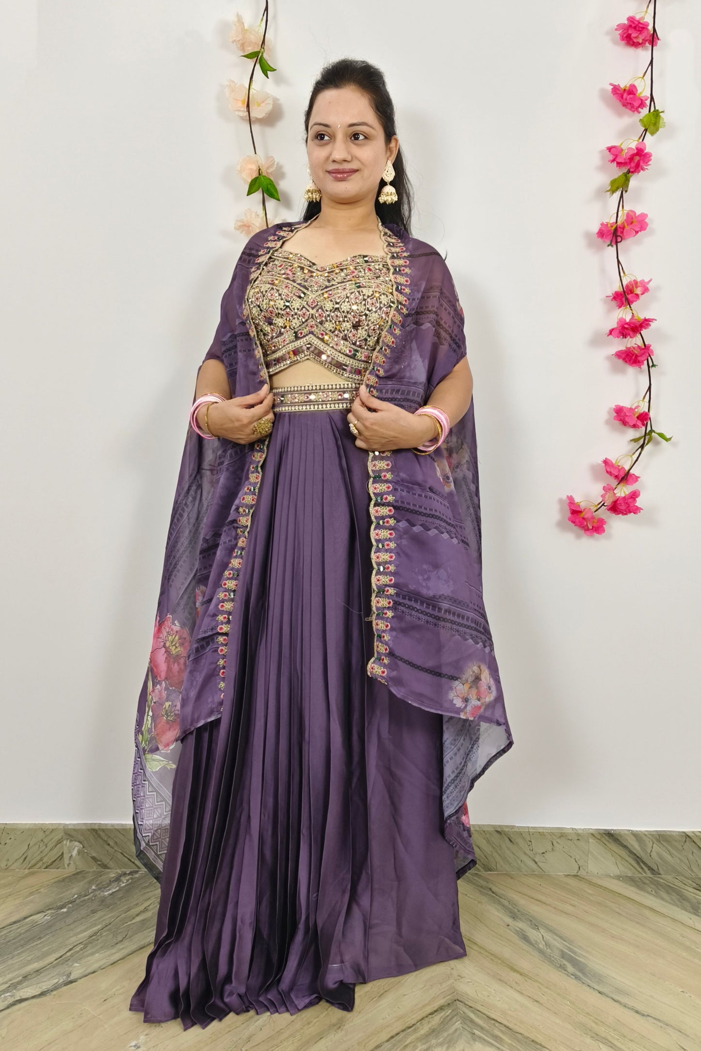 Indo Western Dress With Shrug In Purple