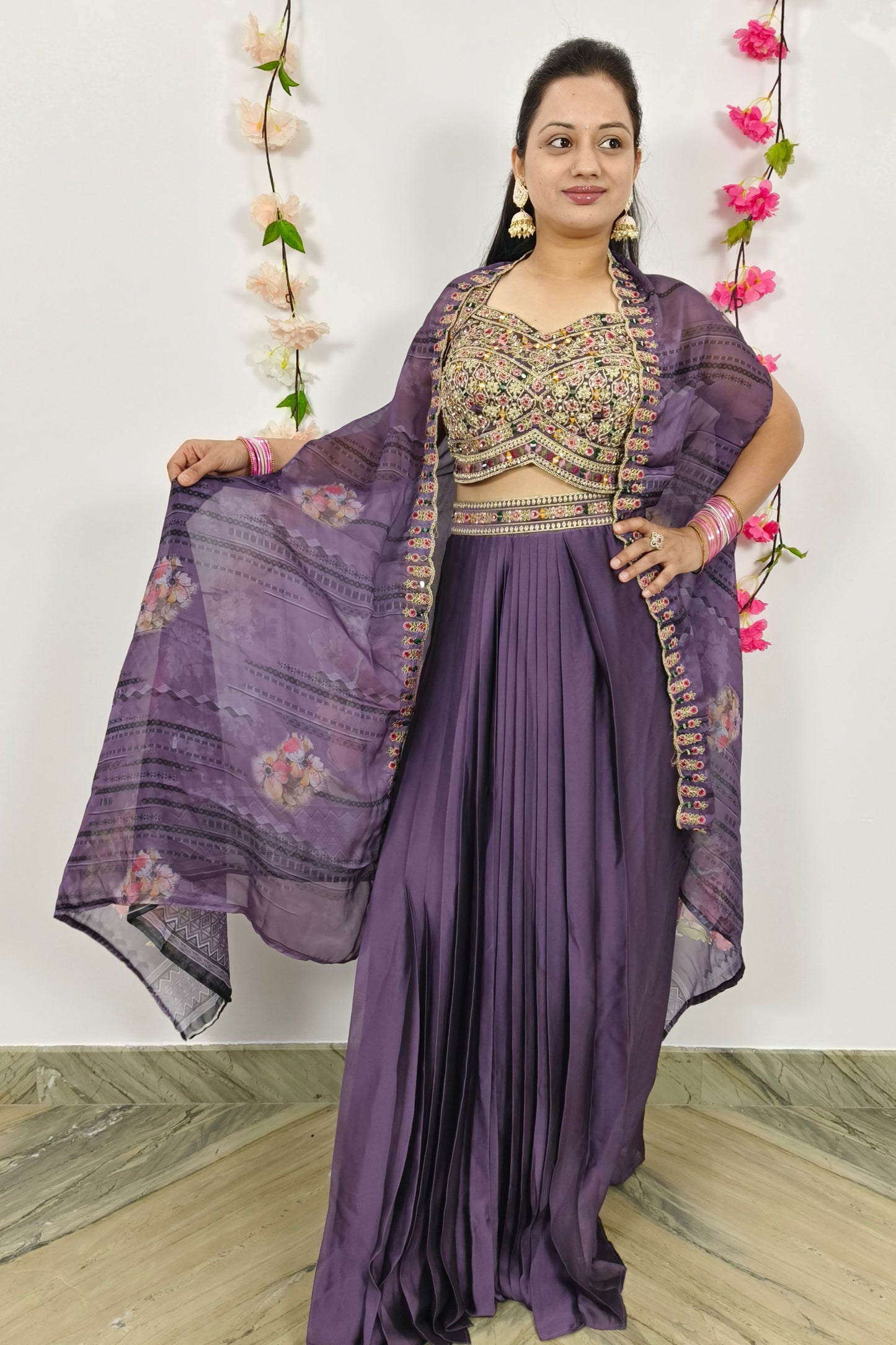 Indo Western Dress With Shrug In Purple