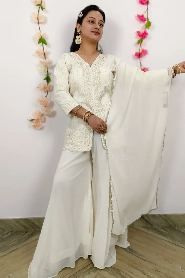 Cord Set Style Chikan Embroidered Partywear Plazo Suit