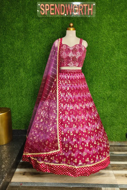 Spagheti Style Pearl Beaded Blouse With Organza printed Lehenga In Magenta