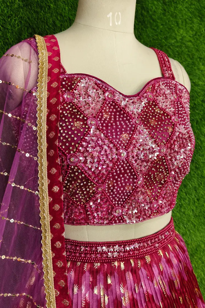 Spagheti Style Pearl Beaded Blouse With Organza printed Lehenga In Magenta