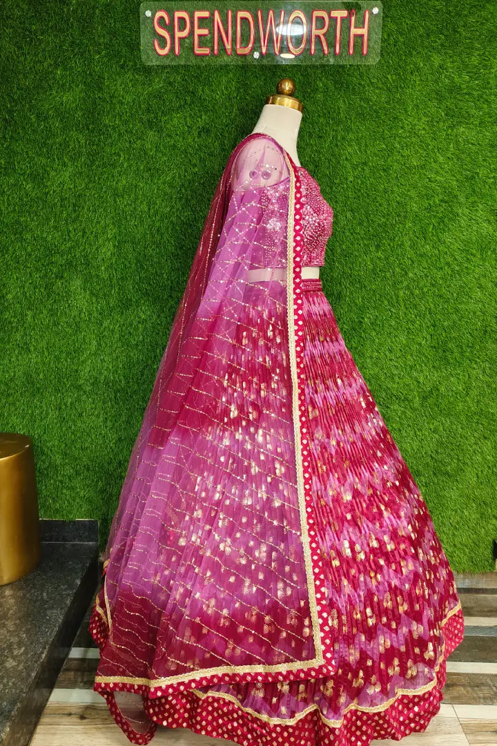 Spagheti Style Pearl Beaded Blouse With Organza printed Lehenga In Magenta