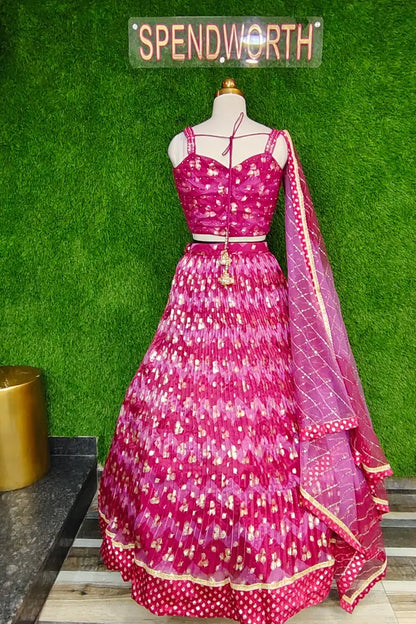 Spagheti Style Pearl Beaded Blouse With Organza printed Lehenga In Magenta