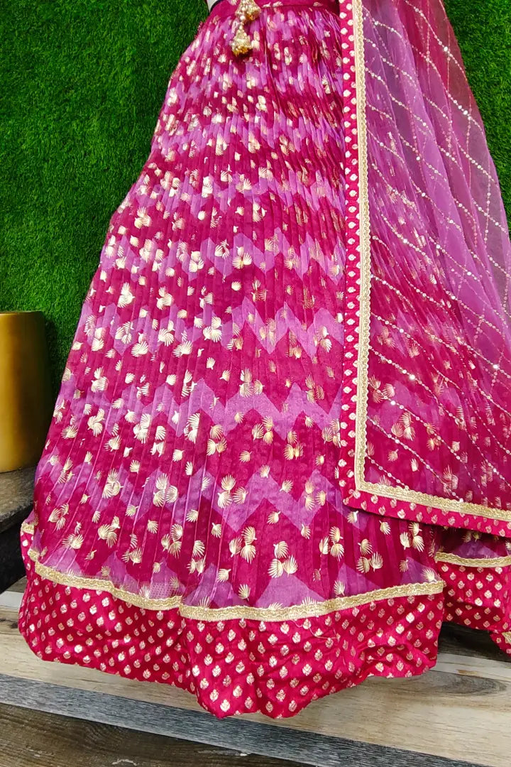 Spagheti Style Pearl Beaded Blouse With Organza printed Lehenga In Magenta