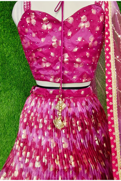 Spagheti Style Pearl Beaded Blouse With Organza printed Lehenga In Magenta