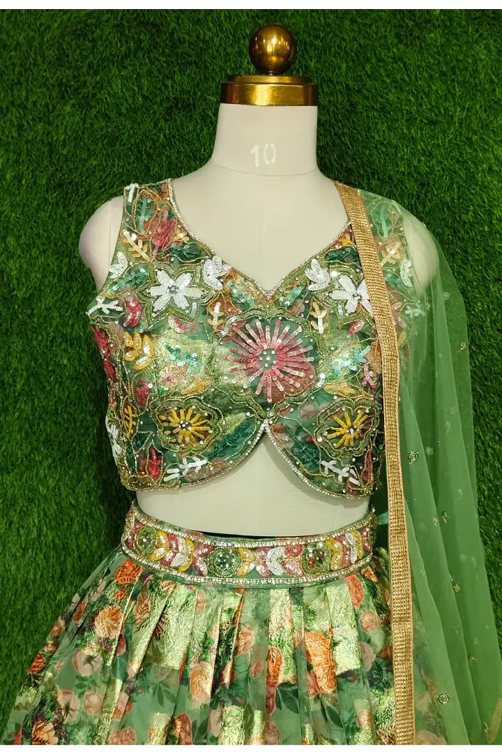 Printed Organza Crop Top Skirt With Beautiful Sequence Work On Blouse In Olive Green