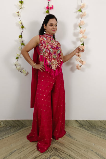 Trendy Hemline Designer Crop Top Sharara In Rani With Tassles Work