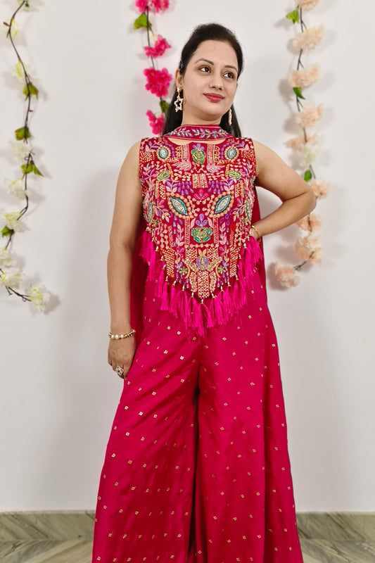 Trendy Hemline Designer Crop Top Sharara In Rani With Tassles Work