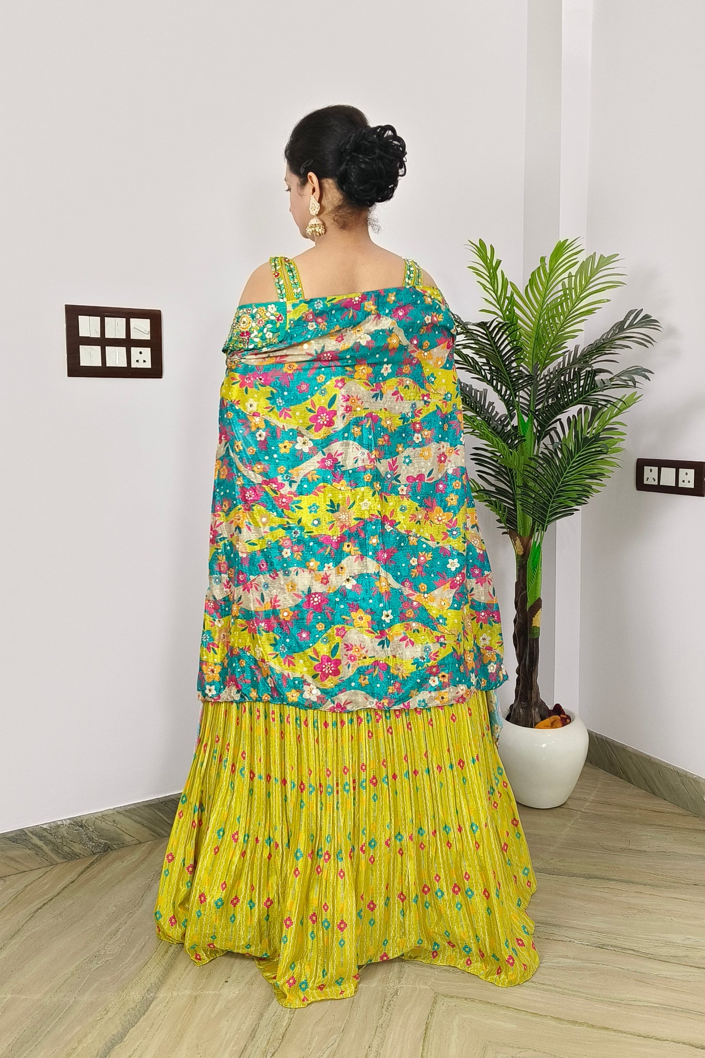 Perfect Haldi Occasion Crop Top Skirt With Shrug In Neon Yellow