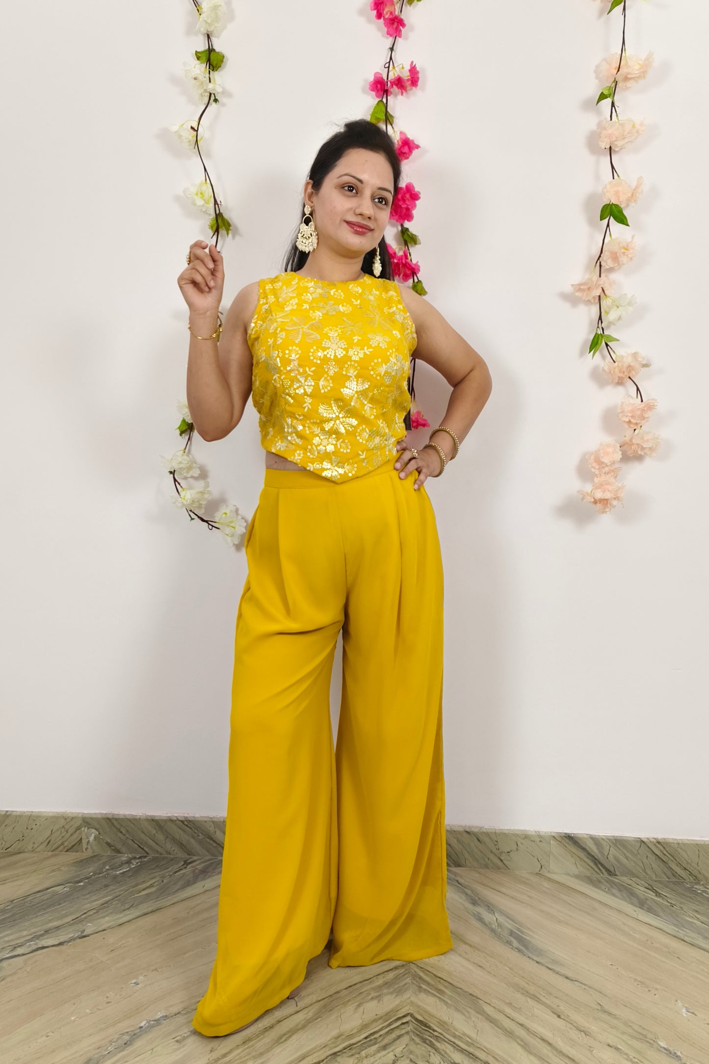 Sequenced Work Crop Top Sharara Dress With Necklace Type Drape Attachment in yellow