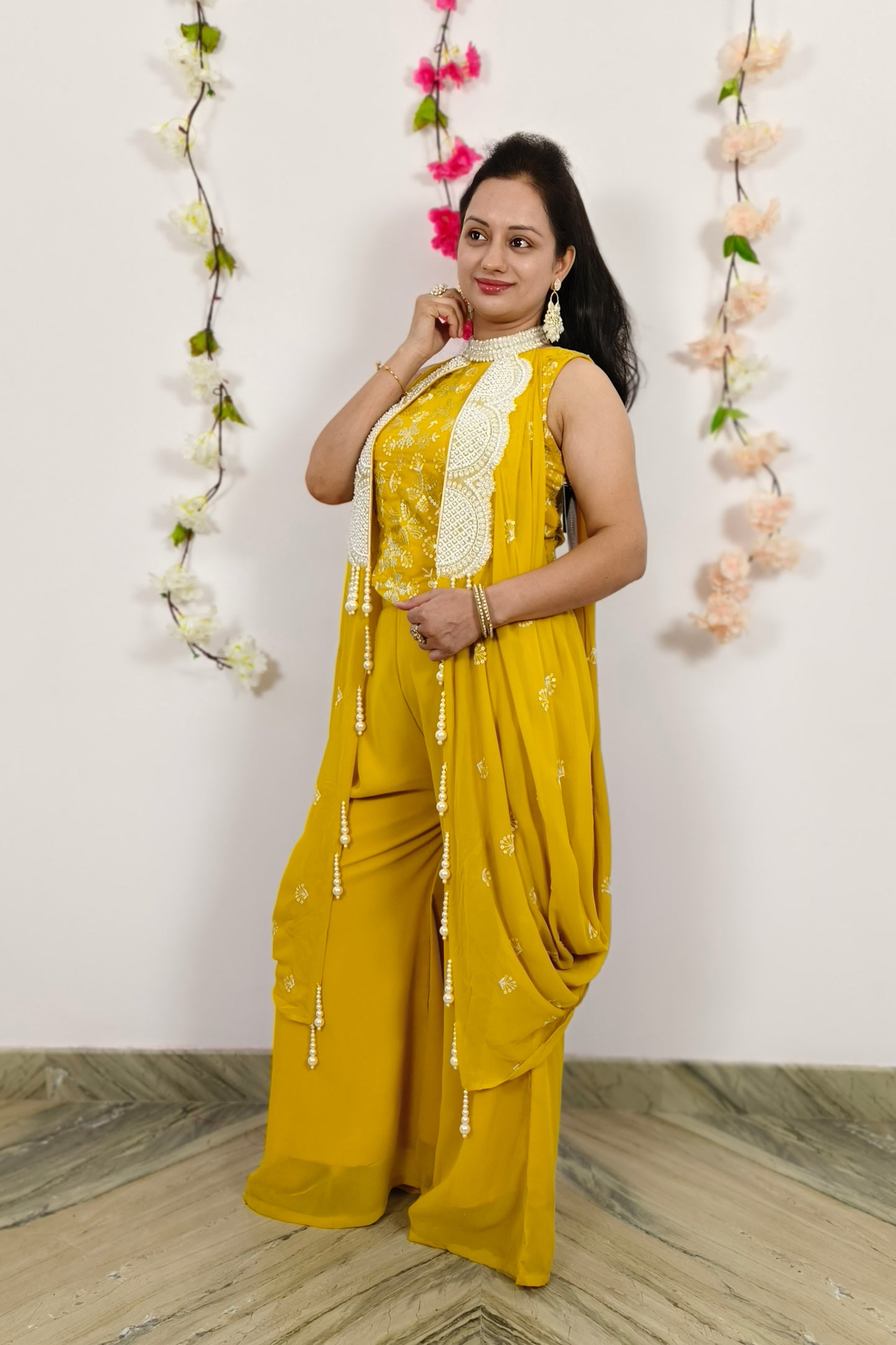 Sequenced Work Crop Top Sharara Dress With Necklace Type Drape Attachment in yellow