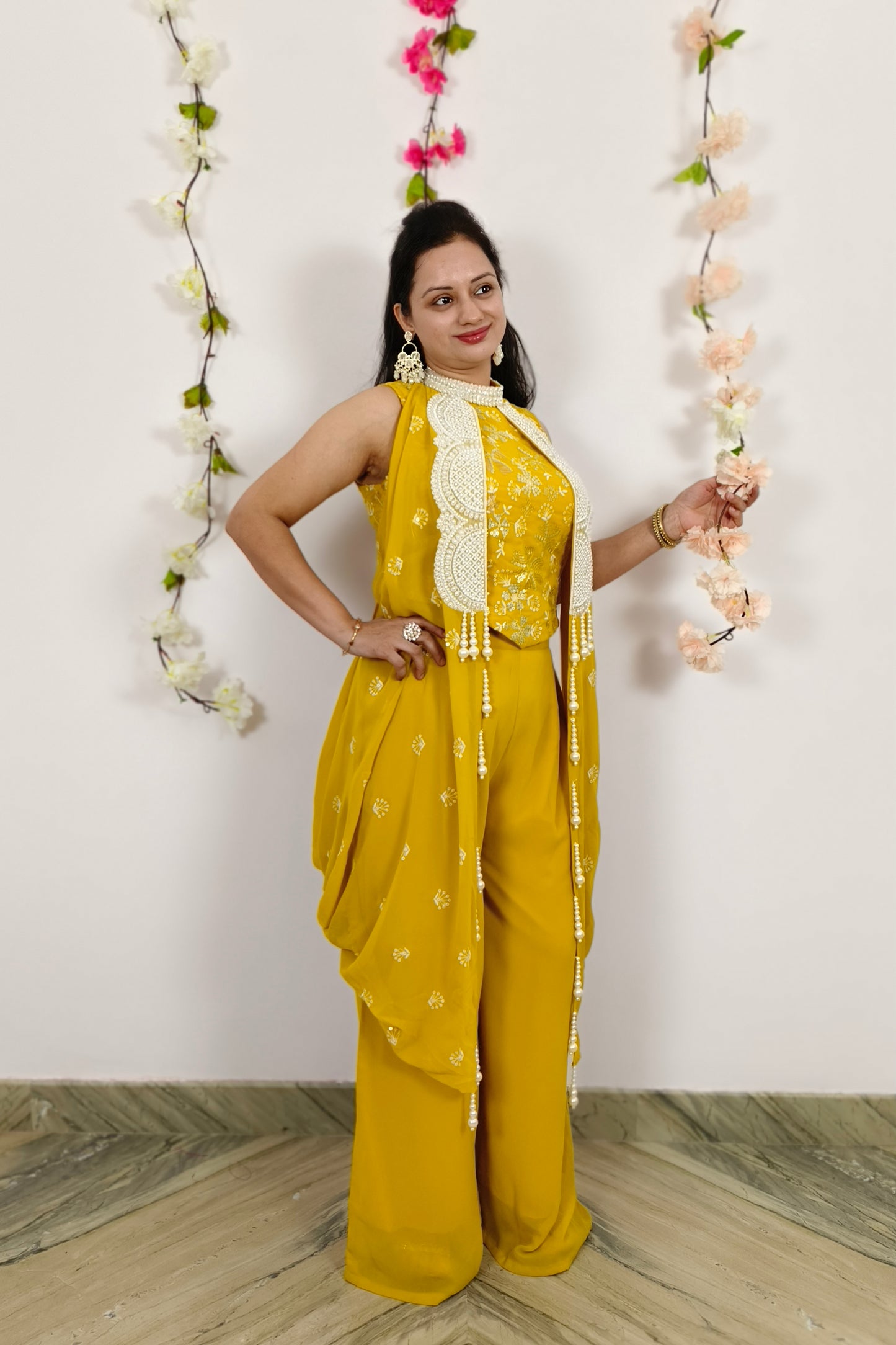 Sequenced Work Crop Top Sharara Dress With Necklace Type Drape Attachment in yellow