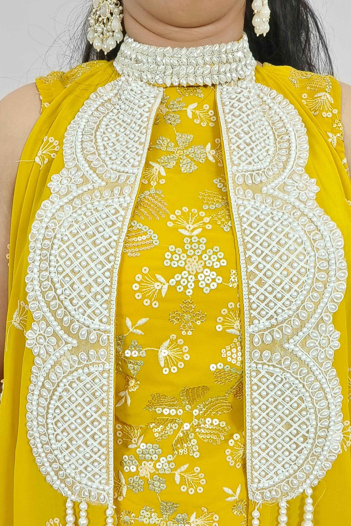 Sequenced Work Crop Top Sharara Dress With Necklace Type Drape Attachment in yellow