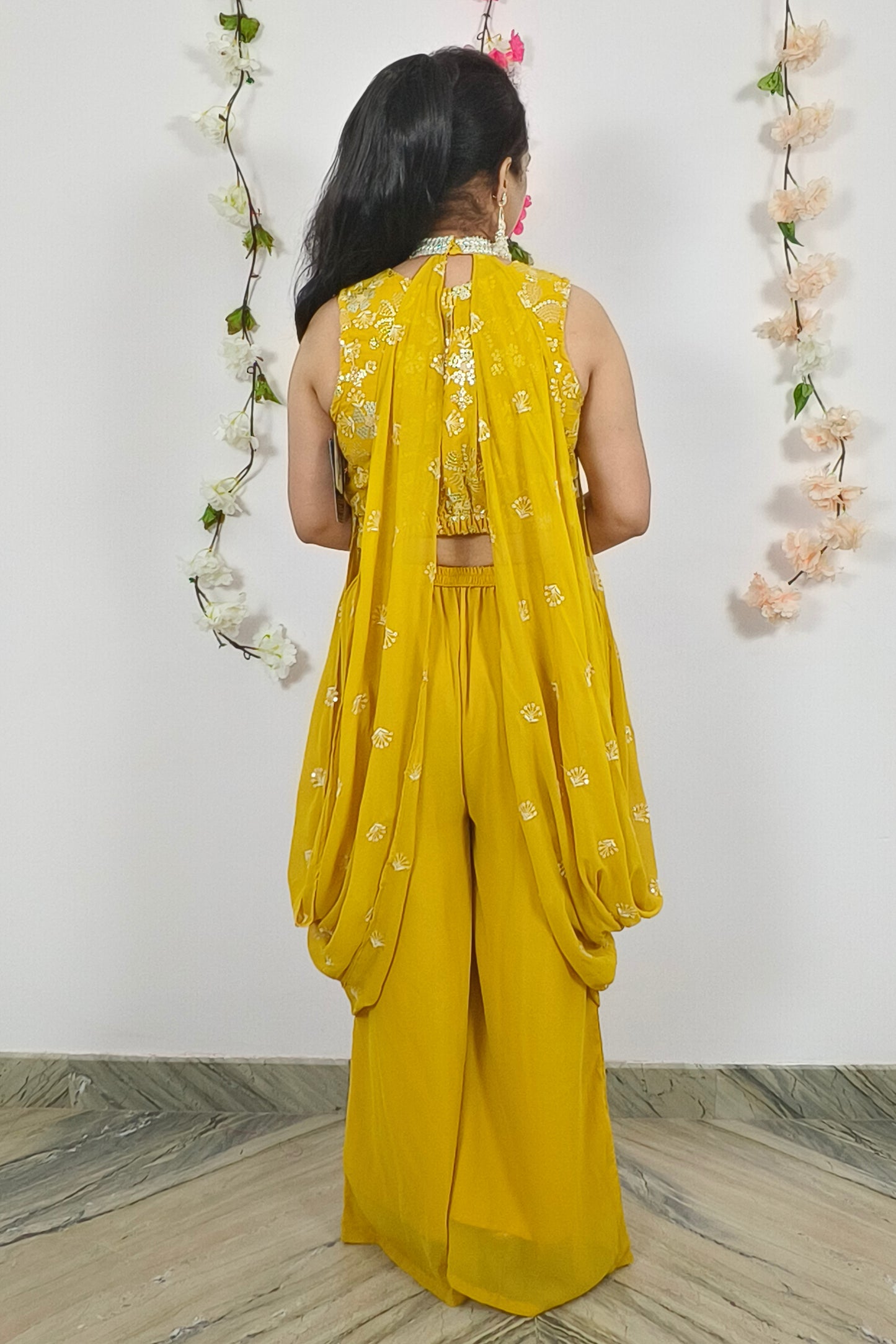 Sequenced Work Crop Top Sharara Dress With Necklace Type Drape Attachment in yellow