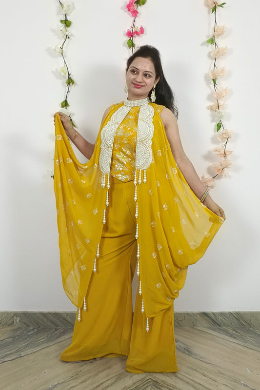 Sequenced Work Crop Top Sharara Dress With Necklace Type Drape Attachment in yellow