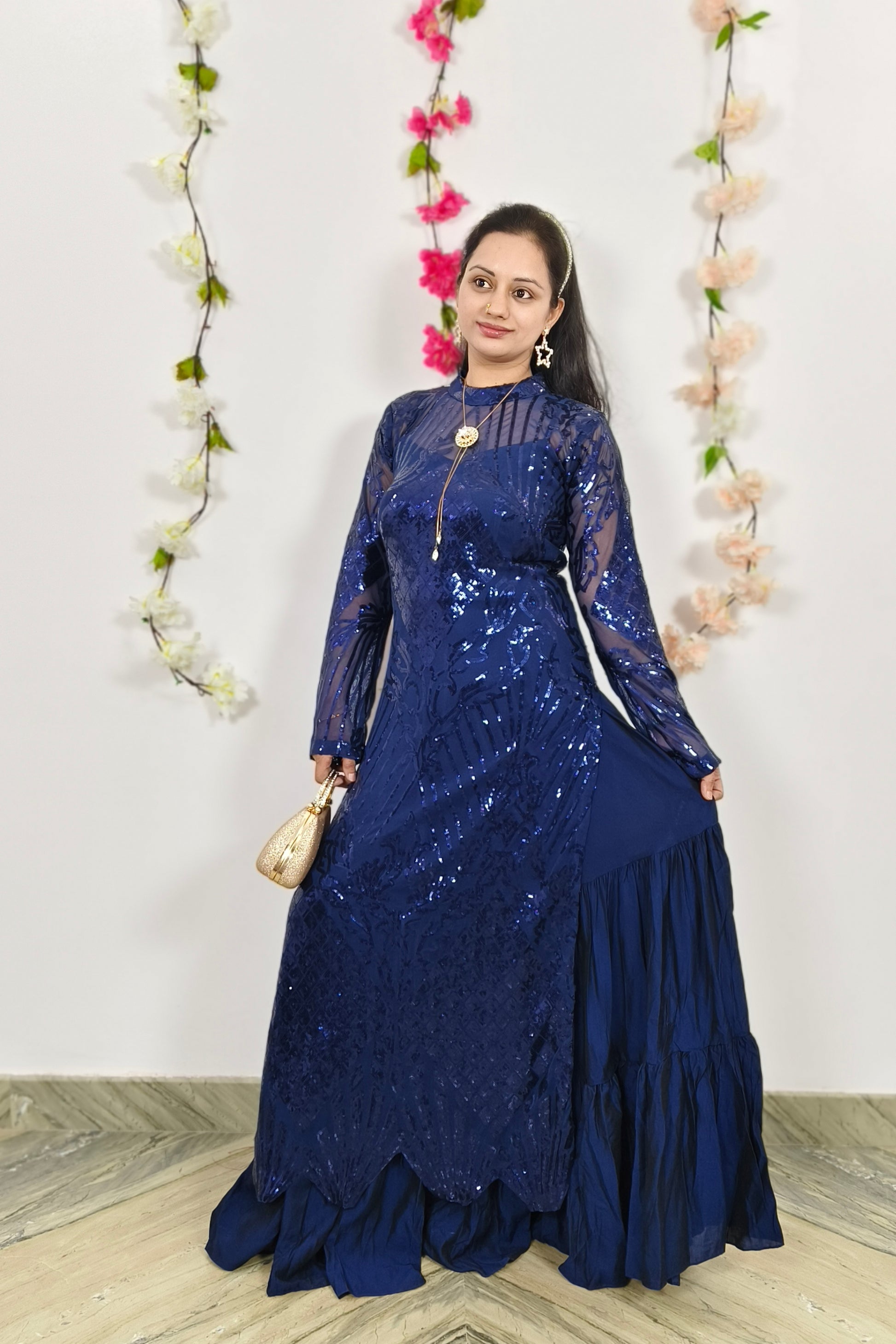 Indo Western One Piece Flared Dress With Mandarin Collar Sequnece