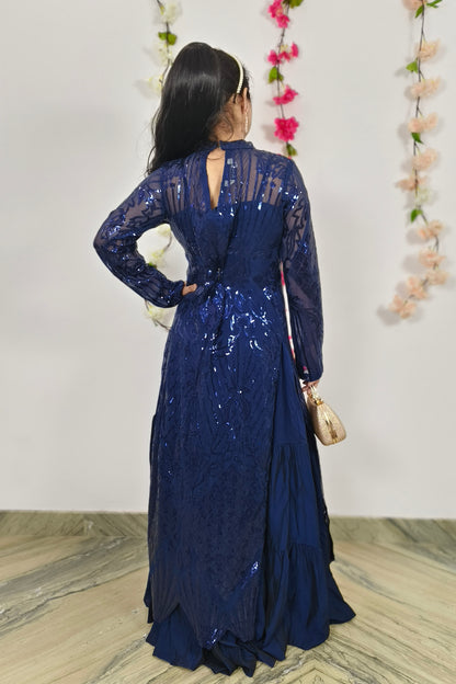 Indo Western One Piece Flared Dress With Mandarin Collar Sequnece Work Outer Part In Blue