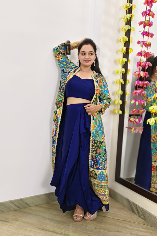 Indo western Dress With Separate Embroidered Overshrug in Blue