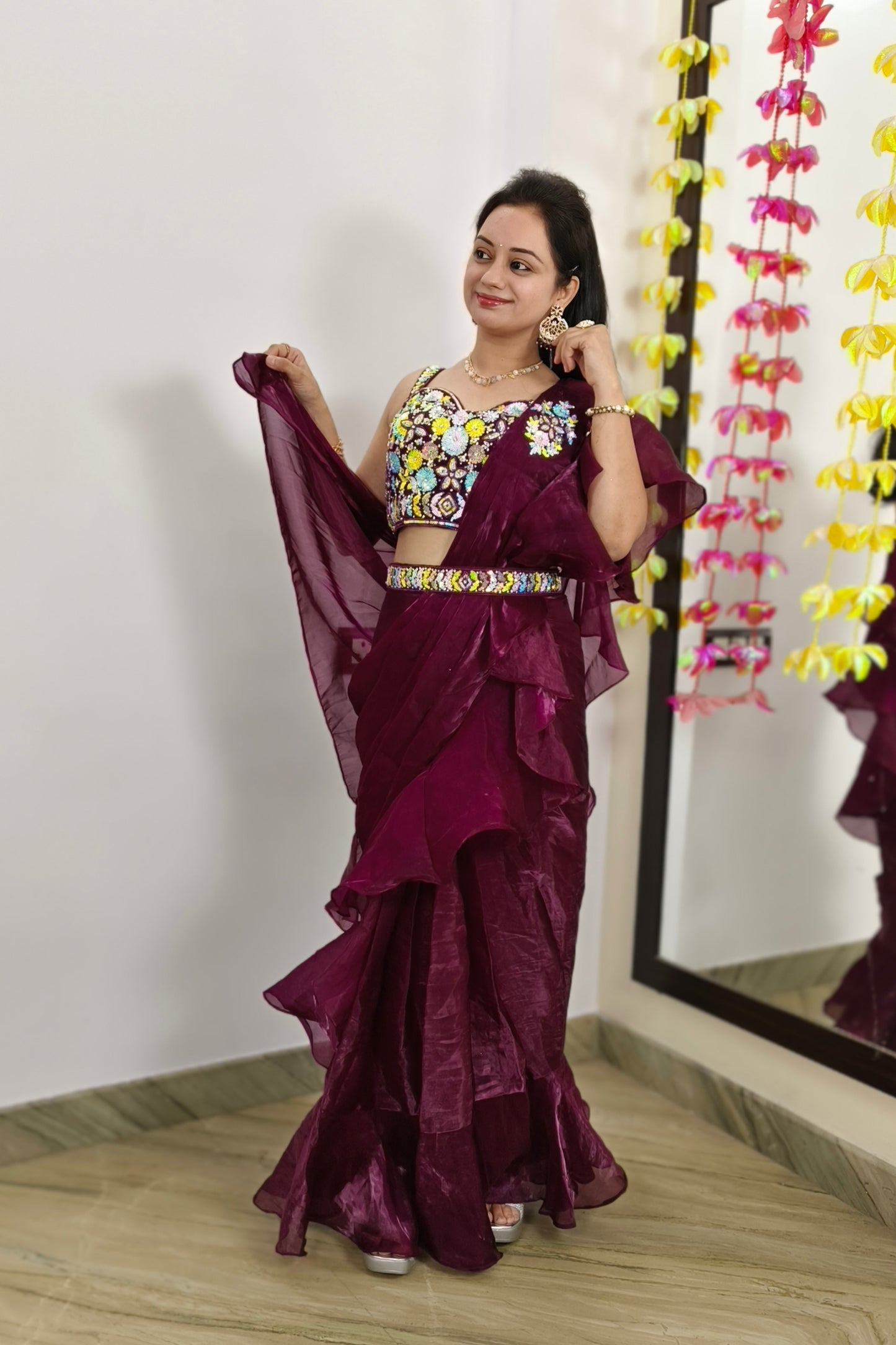 Hand Embellished Blouse Ready to Wear Drape Saree in Organza In Wine