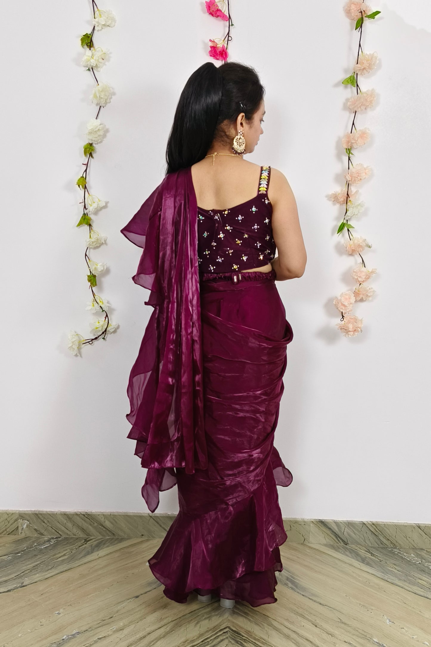 Hand Embellished Blouse Ready to Wear Drape Saree in Organza In Wine