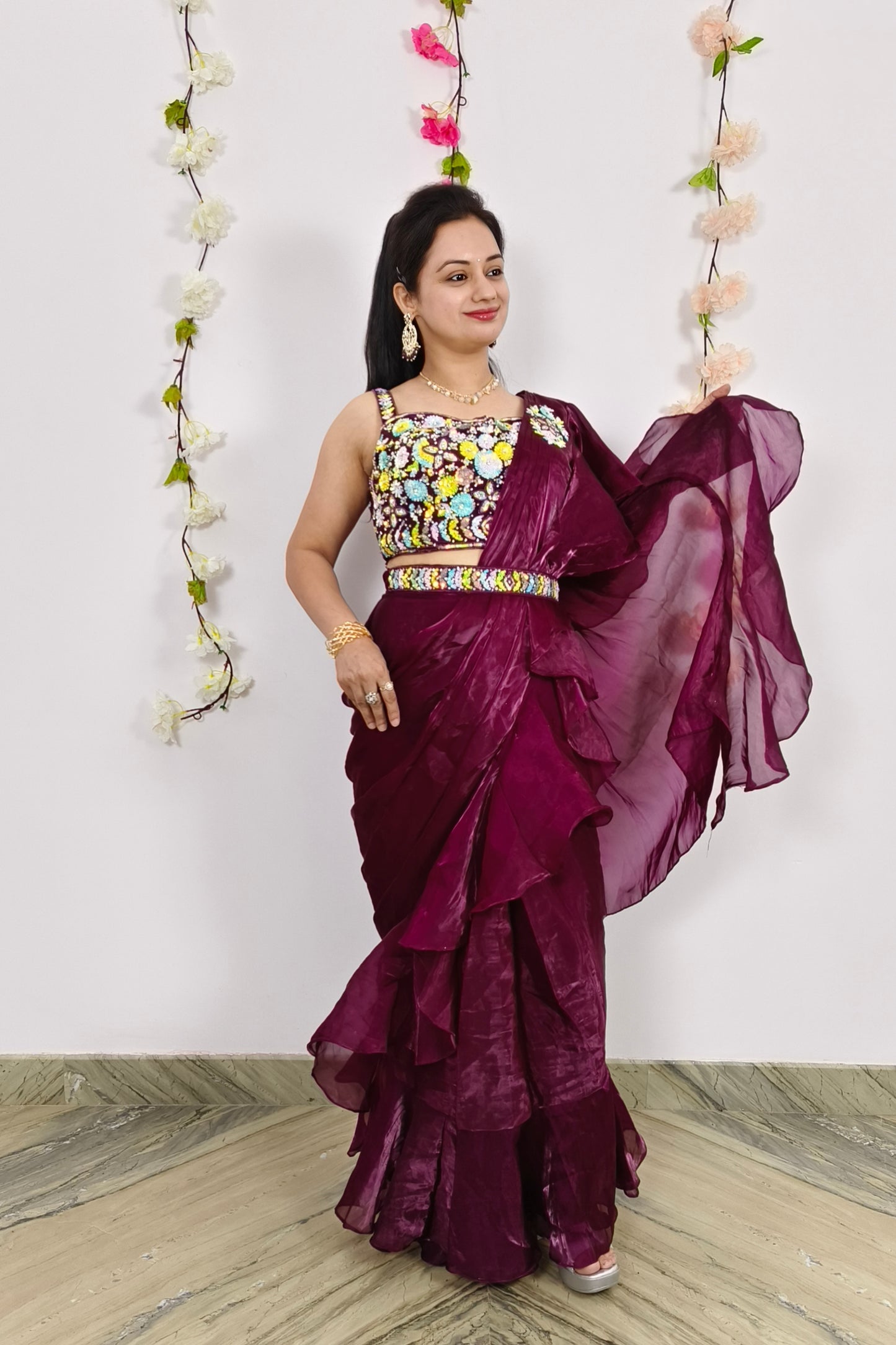 Hand Embellished Blouse Ready to Wear Drape Saree in Organza In Wine