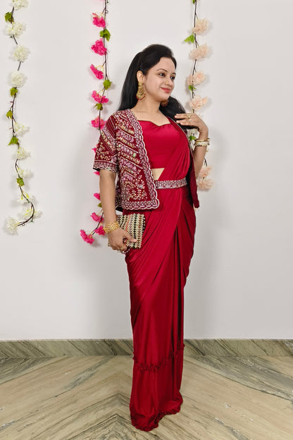 Ready To Wear Partywear Drape Saree With jacket In Red