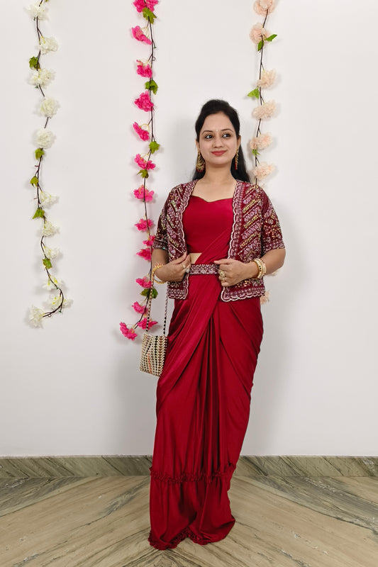 Ready To Wear Partywear Drape Saree With jacket In Red