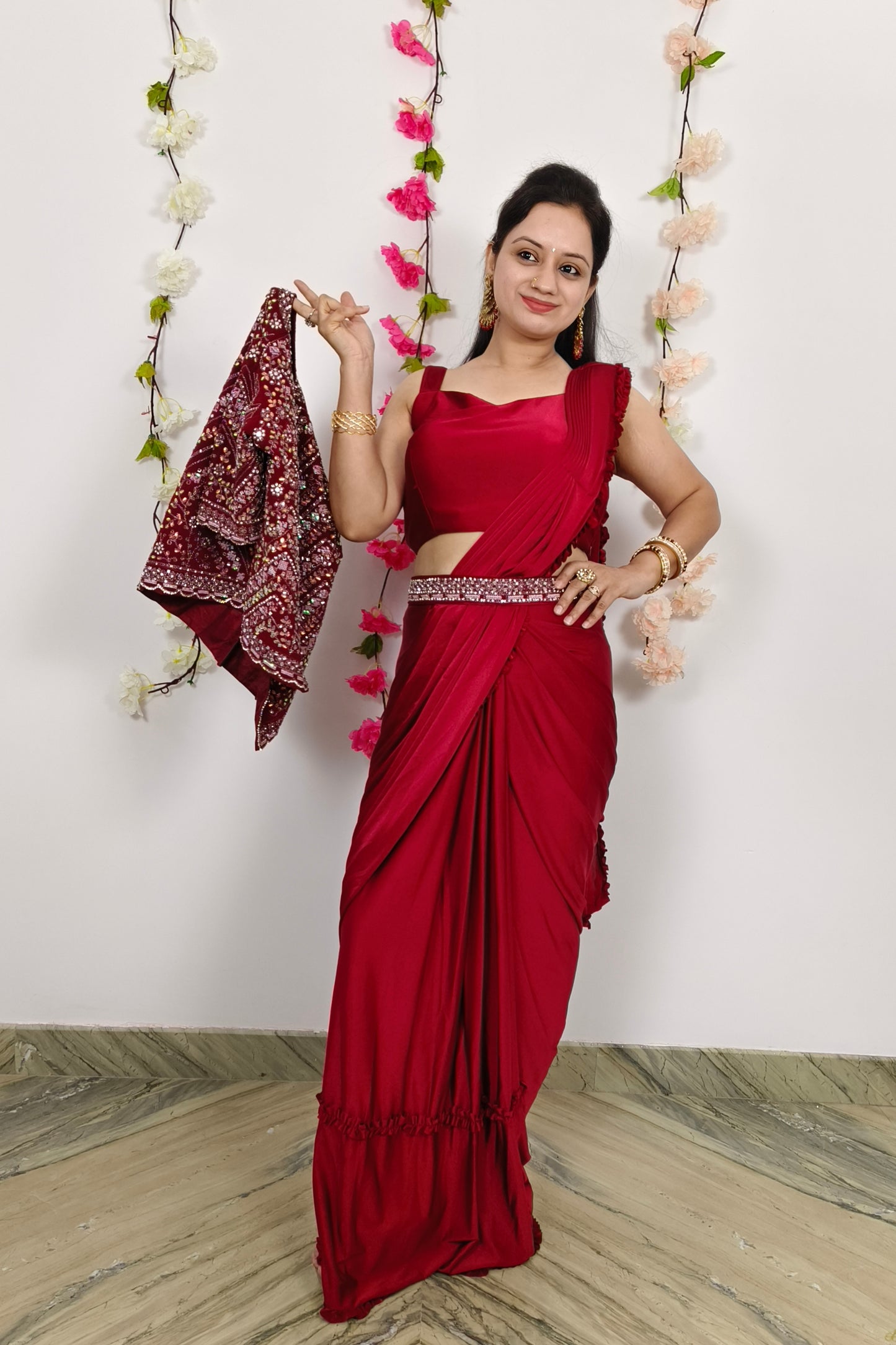 Ready To Wear Partywear Drape Saree With jacket In Red