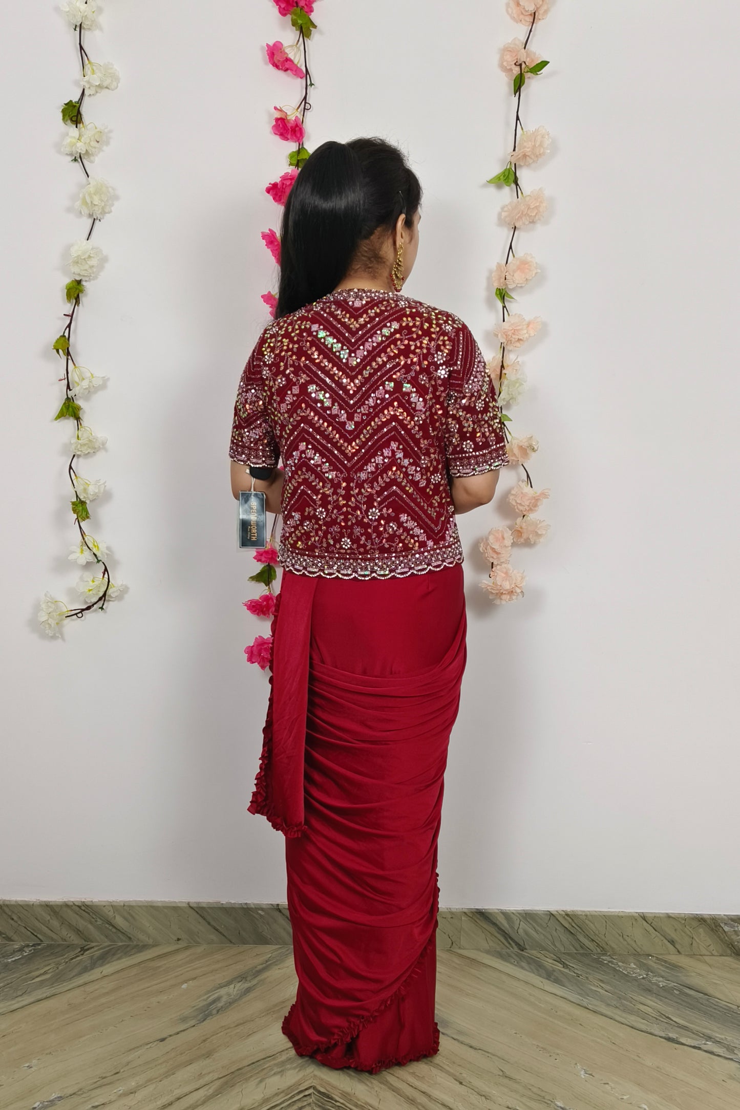 Ready To Wear Partywear Drape Saree With jacket In Red