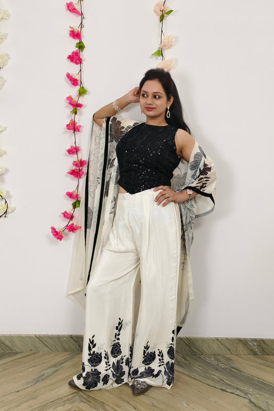 Crop Top Sharara With kaftaan Shrug In Black White Contrast