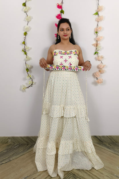 Indo Western One Piece Dress With Printed And Embroidery Work Shrug in Off white