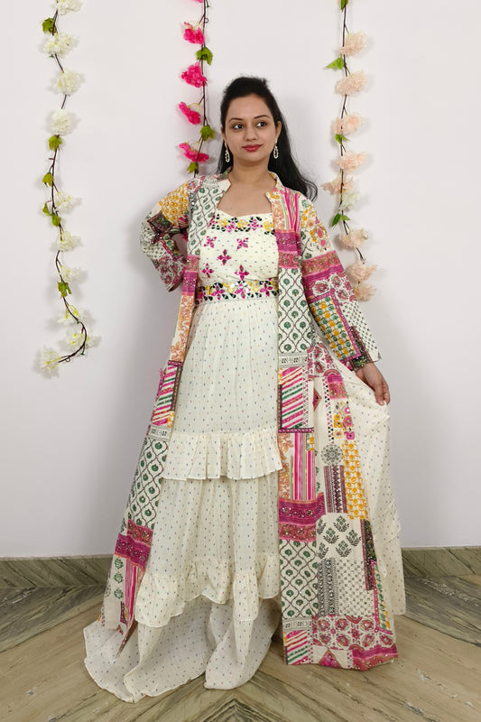 Indo Western One Piece Dress With Printed And Embroidery Work Shrug in Off white