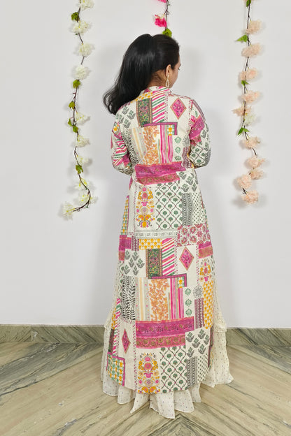 Indo Western One Piece Dress With Printed And Embroidery Work Shrug in Off white