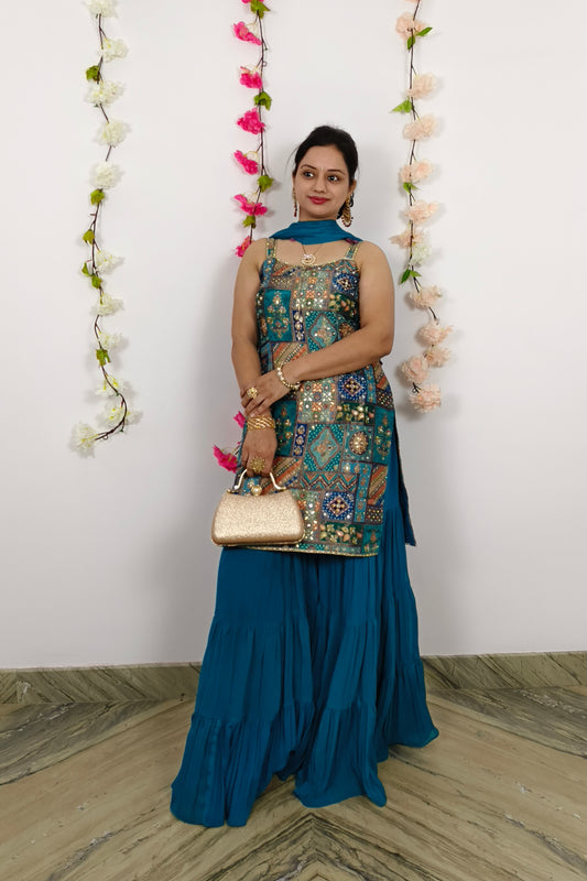 Spagheti Style Girlish Straight Sharara Suit In Pure Banarasi Fabric in Firozi