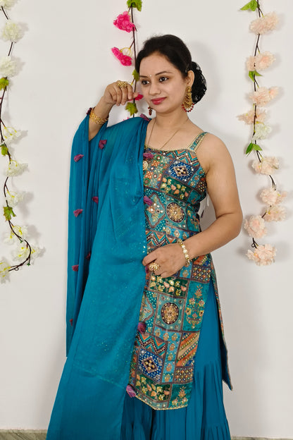 Spagheti Style Girlish Straight Sharara Suit In Pure Banarasi Fabric in Firozi