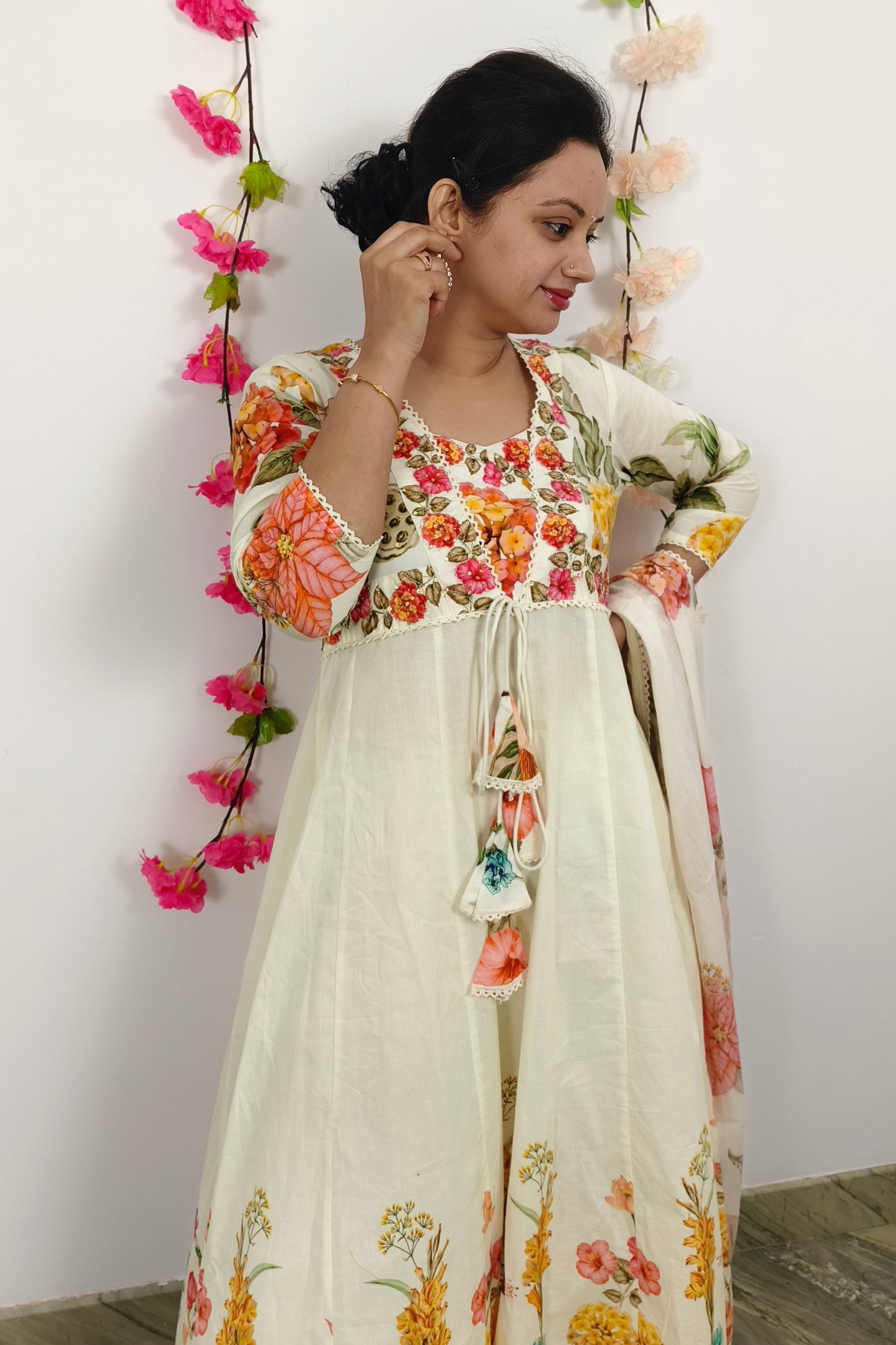 Digital Printed Anarkali Cotton Kurta Set With Crochet Lace Work in Off white