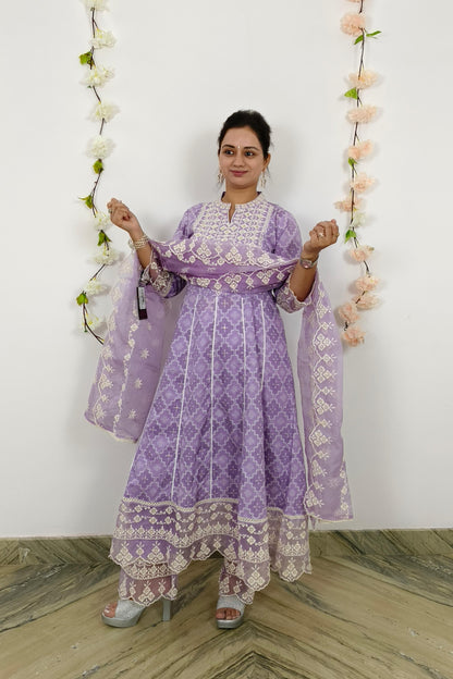 Anarkali MulMul Kurta set With Embroidered Duppatta in Lavender