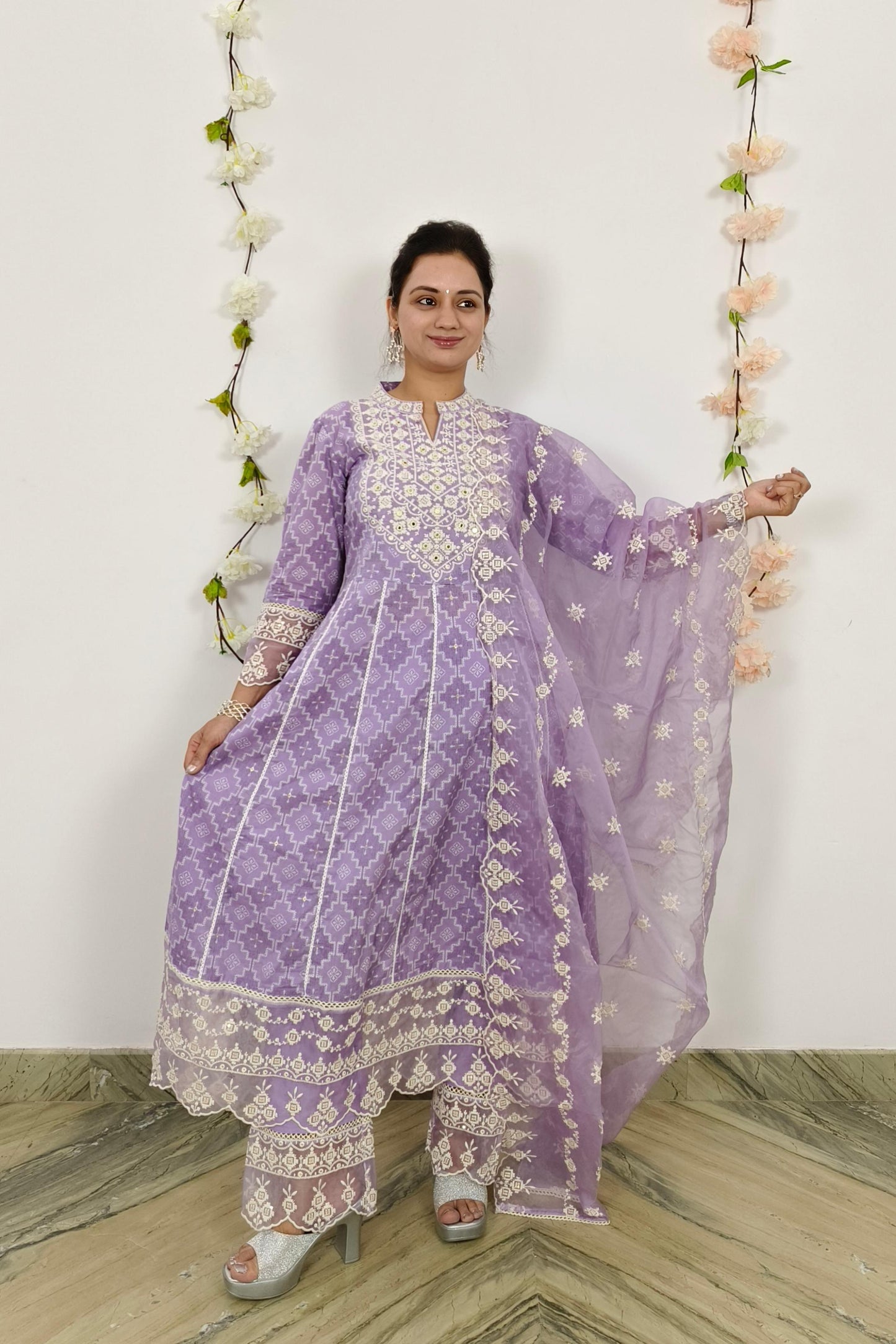 Anarkali MulMul Kurta set With Embroidered Duppatta in Lavender
