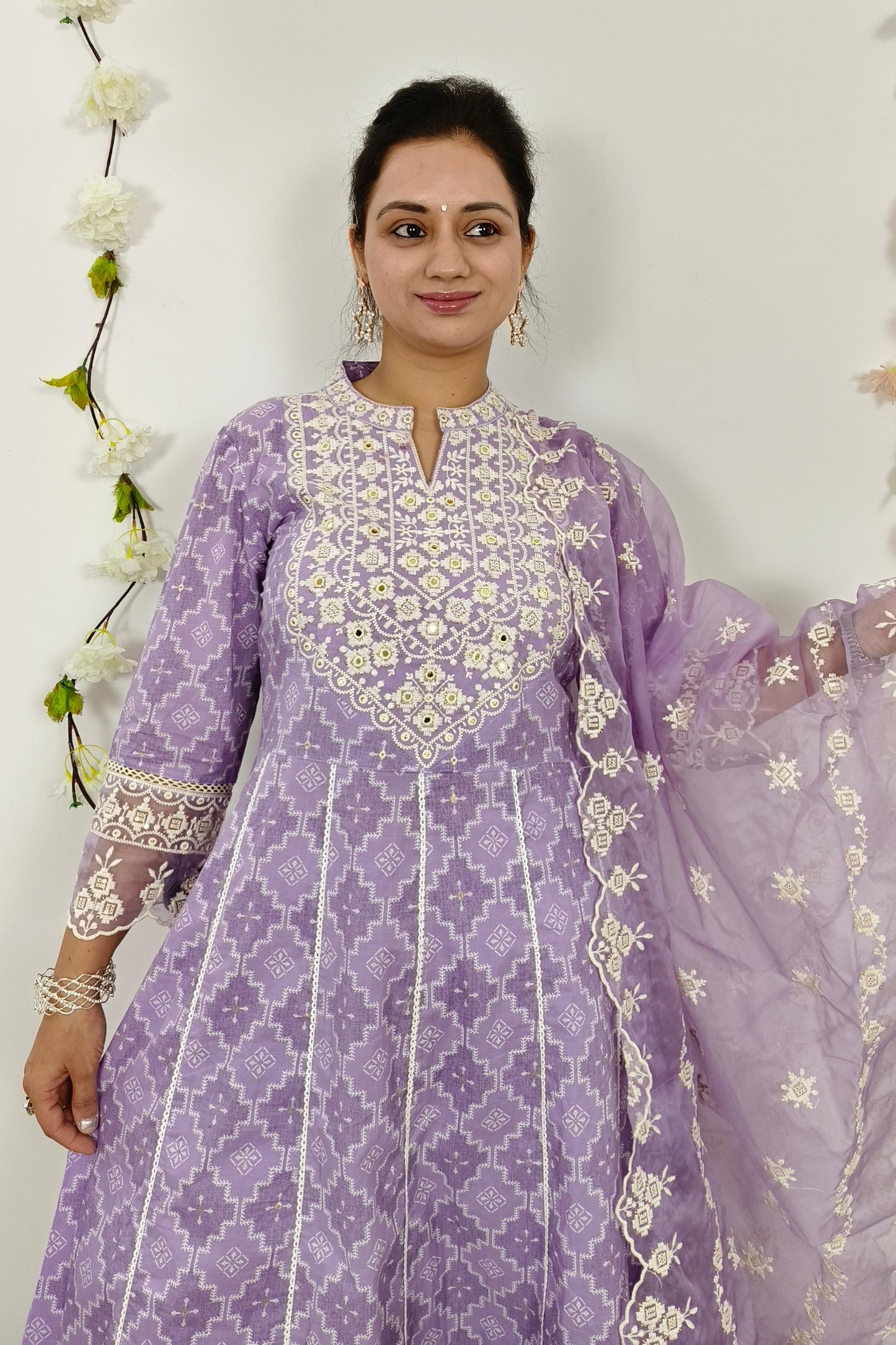 Anarkali MulMul Kurta set With Embroidered Duppatta in Lavender