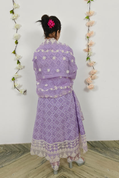 Anarkali MulMul Kurta set With Embroidered Duppatta in Lavender