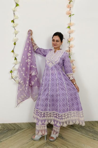 Anarkali MulMul Kurta set With Embroidered Duppatta in Lavender