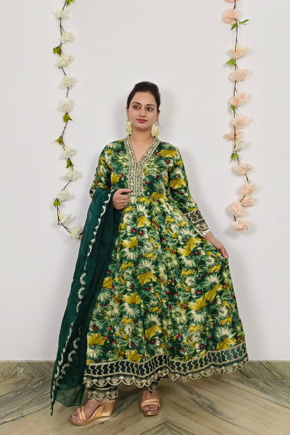 Anarkali Foil Printed Kurta Set With Organza Duppatta In Green