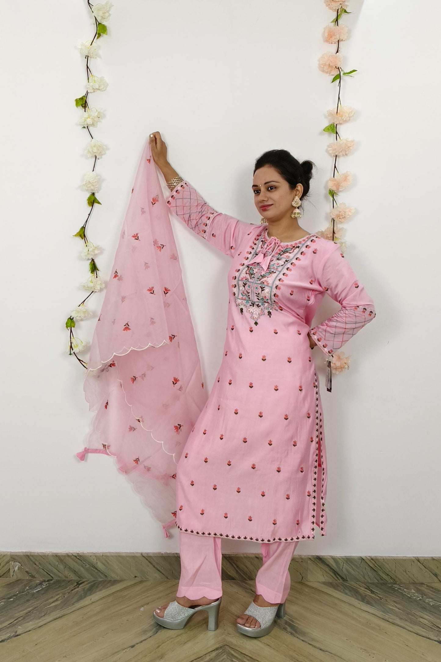 Pakistani Karachi Work Embroidered Silk Suit set In Pink