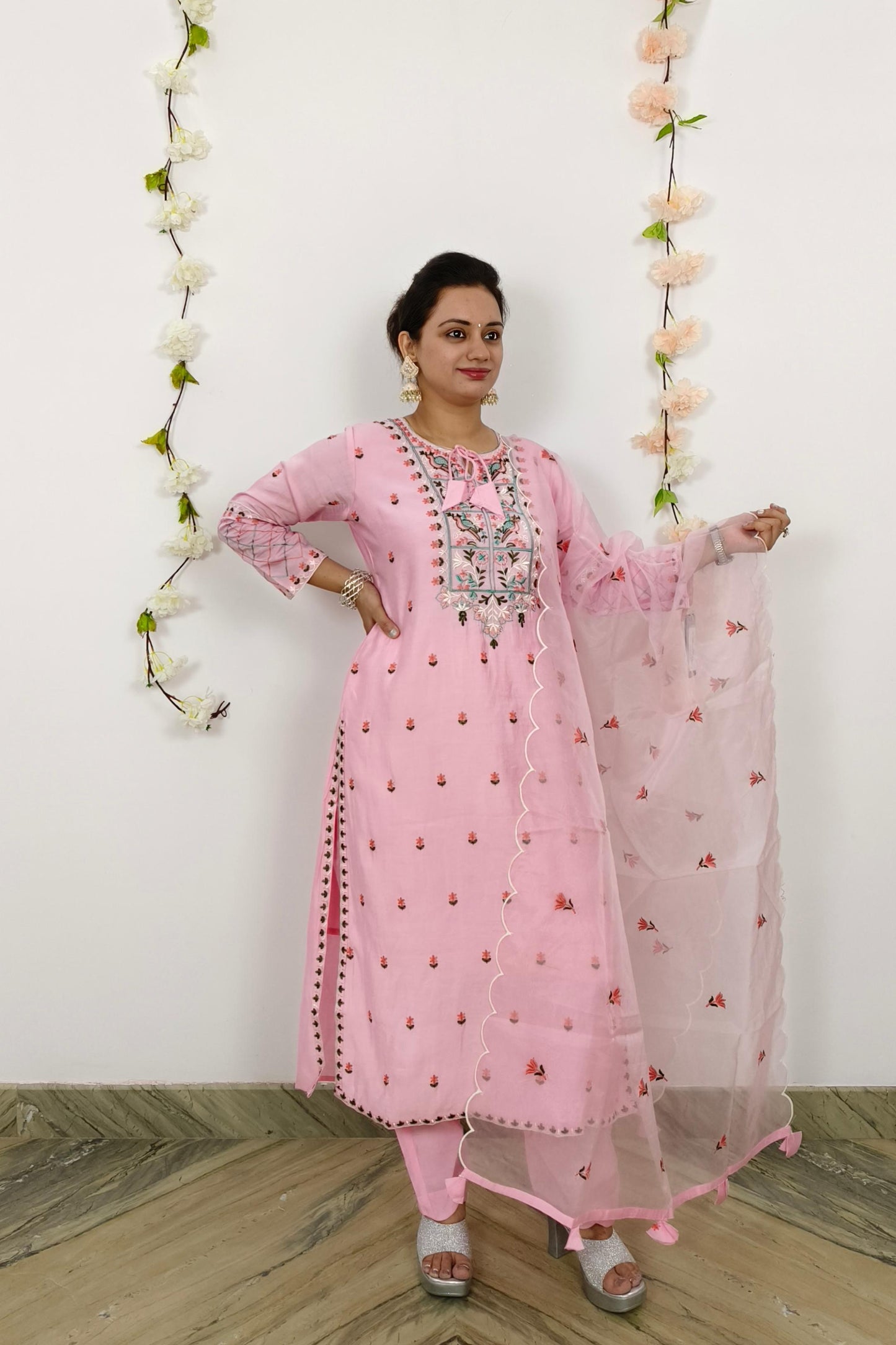 Pakistani Karachi Work Embroidered Silk Suit set In Pink