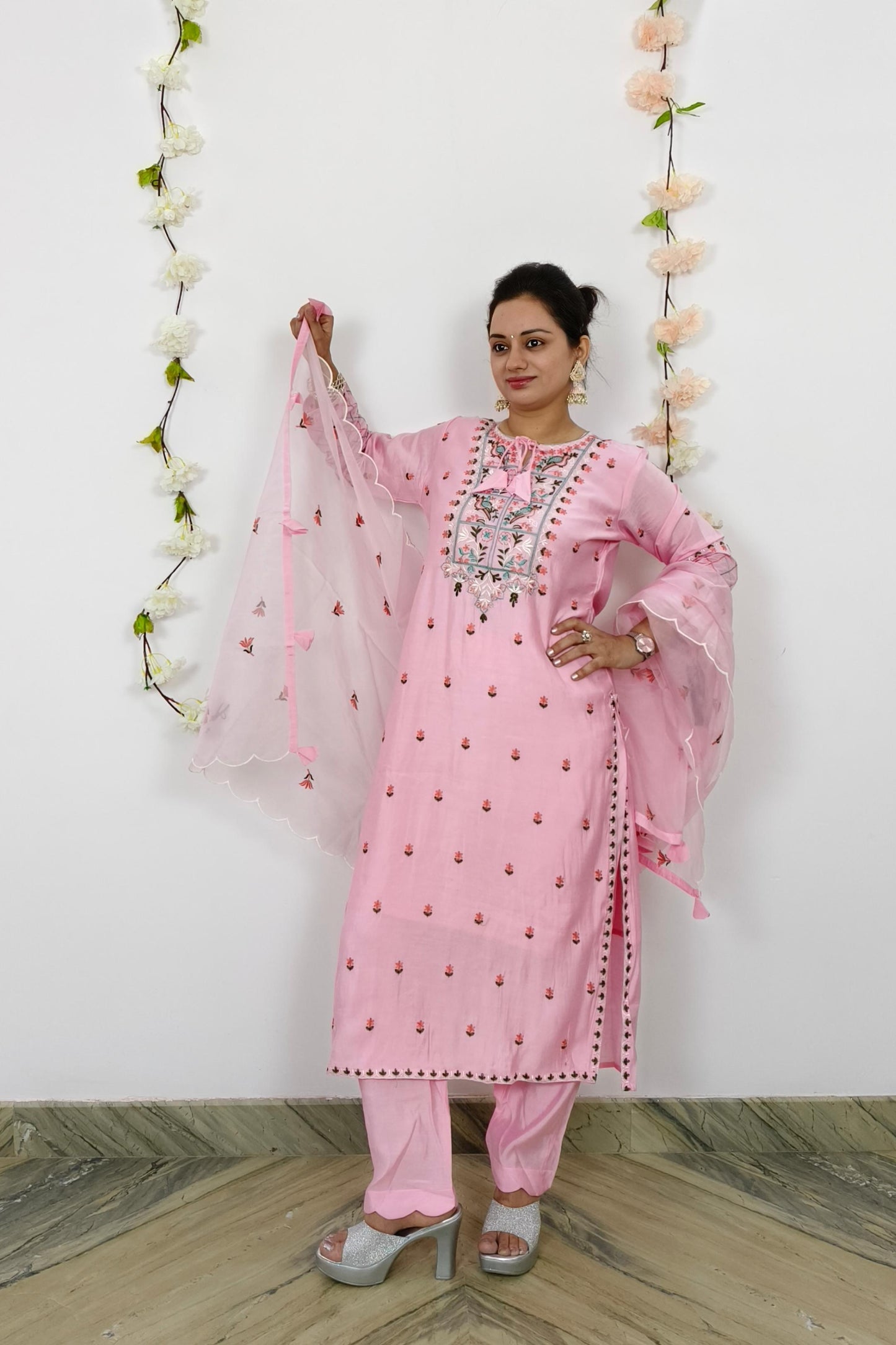 Pakistani Karachi Work Embroidered Silk Suit set In Pink