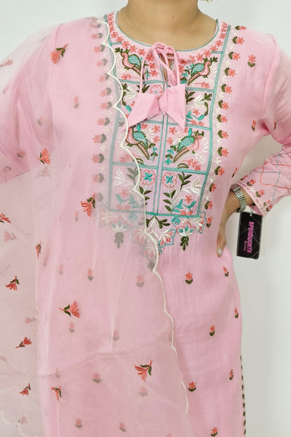 Pakistani Karachi Work Embroidered Silk Suit set In Pink